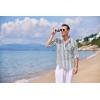 imageCOOFANDY Mens Cotton Linen Henley TShirts Long Sleeve Hippie Casual Beach TShirtsGrey Blue Striped