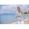 imageCOOFANDY Mens Cotton Linen Henley TShirts Long Sleeve Hippie Casual Beach TShirtsGrey Blue Striped