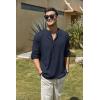 imageCOOFANDY Mens Cotton Linen Henley TShirts Long Sleeve Hippie Casual Beach TShirtsNavy Blue