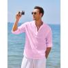 imageCOOFANDY Mens Cotton Linen Henley TShirts Long Sleeve Hippie Casual Beach TShirtsPink