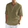 imageCOOFANDY Mens Cotton Linen Henley TShirts Long Sleeve Hippie Casual Beach TShirtsArmy Green