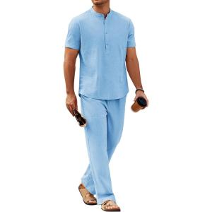 imageCOOFANDY Mens 2 Pieces Cotton Linen Sets Short Sleeve Casual Henley Shirt Summer Beach Pants Lounge Vacation Outfits SetLight Blue