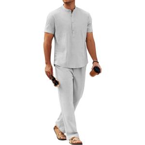 imageCOOFANDY Mens 2 Pieces Cotton Linen Sets Short Sleeve Casual Henley Shirt Summer Beach Pants Lounge Vacation Outfits SetLight Grey