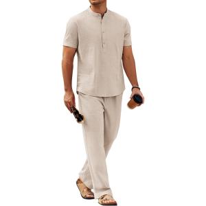 imageCOOFANDY Mens 2 Pieces Cotton Linen Sets Short Sleeve Casual Henley Shirt Summer Beach Pants Lounge Vacation Outfits SetLight Khaki
