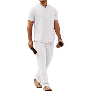 imageCOOFANDY Mens 2 Pieces Cotton Linen Sets Short Sleeve Casual Henley Shirt Summer Beach Pants Lounge Vacation Outfits SetWhite