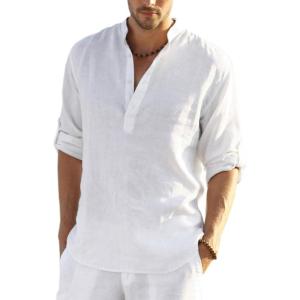 imageCOOFANDY Mens Cotton Linen Henley TShirts Long Sleeve Hippie Casual Beach TShirts01white