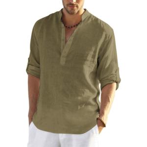 imageCOOFANDY Mens Cotton Linen Henley TShirts Long Sleeve Hippie Casual Beach TShirtsArmy Green