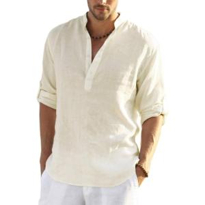 imageCOOFANDY Mens Cotton Linen Henley TShirts Long Sleeve Hippie Casual Beach TShirtsBeige