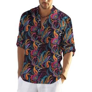 imageCOOFANDY Mens Cotton Linen Henley TShirts Long Sleeve Hippie Casual Beach TShirtsBlack Paisley