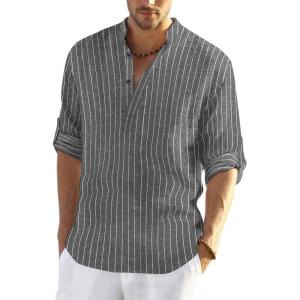 imageCOOFANDY Mens Cotton Linen Henley TShirts Long Sleeve Hippie Casual Beach TShirtsBlack Striped