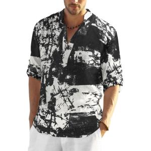 imageCOOFANDY Mens Cotton Linen Henley TShirts Long Sleeve Hippie Casual Beach TShirtsBlack Tiedye