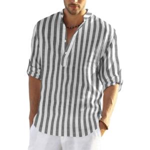imageCOOFANDY Mens Cotton Linen Henley TShirts Long Sleeve Hippie Casual Beach TShirtsBlack White Striped