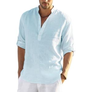 imageCOOFANDY Mens Cotton Linen Henley TShirts Long Sleeve Hippie Casual Beach TShirtsBlue