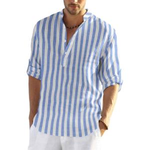 imageCOOFANDY Mens Cotton Linen Henley TShirts Long Sleeve Hippie Casual Beach TShirtsBlue White Striped