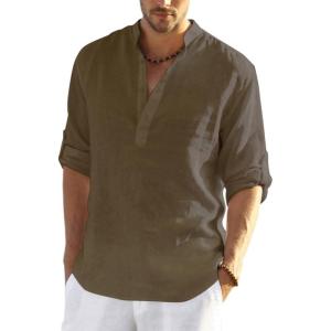 imageCOOFANDY Mens Cotton Linen Henley TShirts Long Sleeve Hippie Casual Beach TShirtsBrown