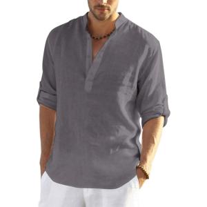imageCOOFANDY Mens Cotton Linen Henley TShirts Long Sleeve Hippie Casual Beach TShirtsDark Gray