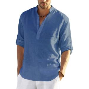 imageCOOFANDY Mens Cotton Linen Henley TShirts Long Sleeve Hippie Casual Beach TShirtsDenim Blue