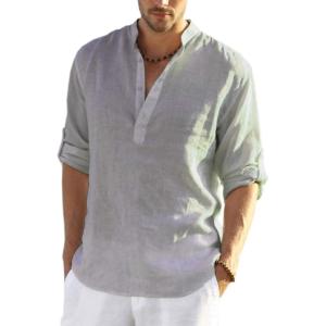 imageCOOFANDY Mens Cotton Linen Henley TShirts Long Sleeve Hippie Casual Beach TShirtsGray