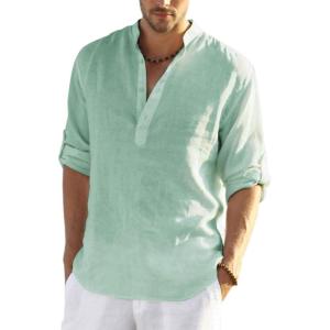 imageCOOFANDY Mens Cotton Linen Henley TShirts Long Sleeve Hippie Casual Beach TShirtsGreen