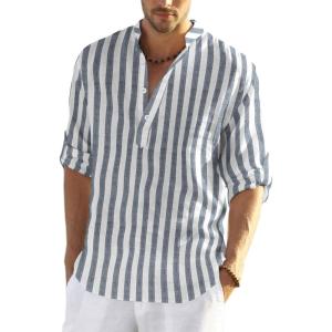 imageCOOFANDY Mens Cotton Linen Henley TShirts Long Sleeve Hippie Casual Beach TShirtsGrey Blue Striped
