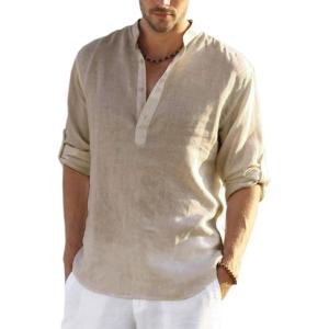 imageCOOFANDY Mens Cotton Linen Henley TShirts Long Sleeve Hippie Casual Beach TShirtsKhaki