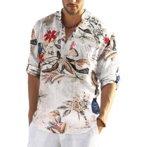 imageCOOFANDY Mens Cotton Linen Henley TShirts Long Sleeve Hippie Casual Beach TShirtsKhaki Floral