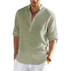 imageCOOFANDY Mens Cotton Linen Henley TShirts Long Sleeve Hippie Casual Beach TShirtsLight Green