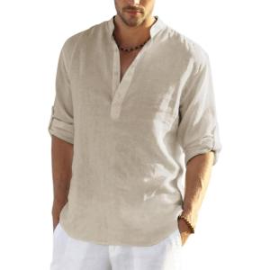 imageCOOFANDY Mens Cotton Linen Henley TShirts Long Sleeve Hippie Casual Beach TShirtsLight Khaki