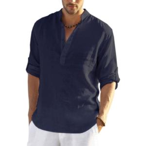 imageCOOFANDY Mens Cotton Linen Henley TShirts Long Sleeve Hippie Casual Beach TShirtsNavy Blue