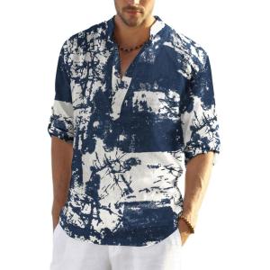 imageCOOFANDY Mens Cotton Linen Henley TShirts Long Sleeve Hippie Casual Beach TShirtsNavy Tiedye