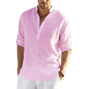 imageCOOFANDY Mens Cotton Linen Henley TShirts Long Sleeve Hippie Casual Beach TShirtsPink