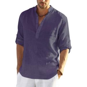 imageCOOFANDY Mens Cotton Linen Henley TShirts Long Sleeve Hippie Casual Beach TShirtsPurple
