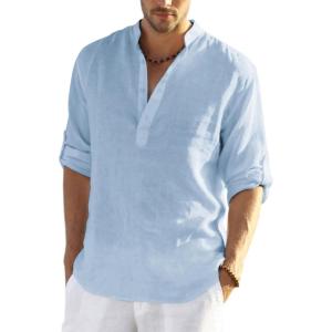 imageCOOFANDY Mens Cotton Linen Henley TShirts Long Sleeve Hippie Casual Beach TShirtsSky Blue