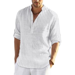 imageCOOFANDY Mens Cotton Linen Henley TShirts Long Sleeve Hippie Casual Beach TShirtsWhite Striped