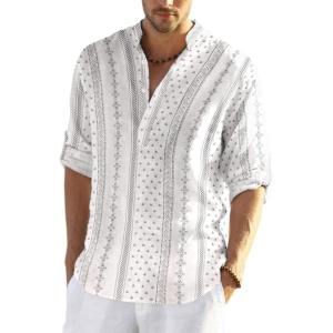 imageCOOFANDY Mens Cotton Linen Henley TShirts Long Sleeve Hippie Casual Beach TShirtsWhiteBlack Patterned