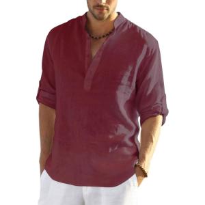 imageCOOFANDY Mens Cotton Linen Henley TShirts Long Sleeve Hippie Casual Beach TShirtsWine Red