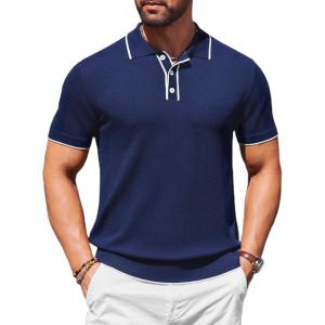 imageCOOFANDY Mens Knit Polo Shirts Casual Short Sleeve Golf Shirts Summer Collared Polo T ShirtsDark Blue