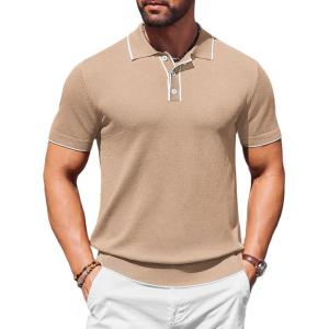 imageCOOFANDY Mens Knit Polo Shirts Casual Short Sleeve Golf Shirts Summer Collared Polo T ShirtsKhaki
