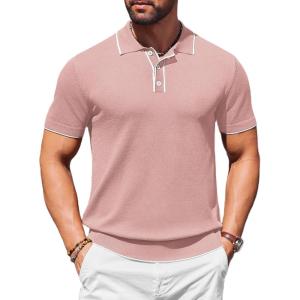 imageCOOFANDY Mens Knit Polo Shirts Casual Short Sleeve Golf Shirts Summer Collared Polo T ShirtsPink
