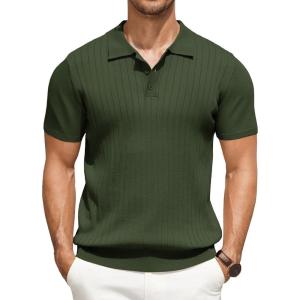 imageCOOFANDY Mens Knit Polo Shirts Short Sleeve Ribbed Knitted Shirt Summer Lightweight Casual Golf ShirtsArmy Green