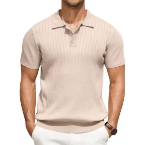 imageCOOFANDY Mens Knit Polo Shirts Short Sleeve Ribbed Knitted Shirt Summer Lightweight Casual Golf ShirtsBeige