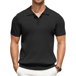 imageCOOFANDY Mens Knit Polo Shirts Short Sleeve Ribbed Knitted Shirt Summer Lightweight Casual Golf ShirtsBlack