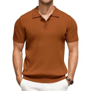 imageCOOFANDY Mens Knit Polo Shirts Short Sleeve Ribbed Knitted Shirt Summer Lightweight Casual Golf ShirtsBrown