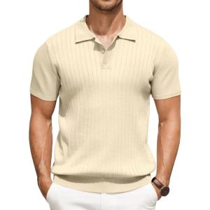 imageCOOFANDY Mens Knit Polo Shirts Short Sleeve Ribbed Knitted Shirt Summer Lightweight Casual Golf ShirtsCream