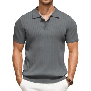 imageCOOFANDY Mens Knit Polo Shirts Short Sleeve Ribbed Knitted Shirt Summer Lightweight Casual Golf ShirtsDark Grey