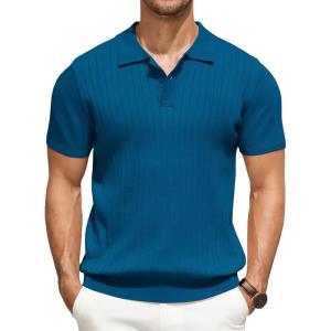 imageCOOFANDY Mens Knit Polo Shirts Short Sleeve Ribbed Knitted Shirt Summer Lightweight Casual Golf ShirtsDeep Blue