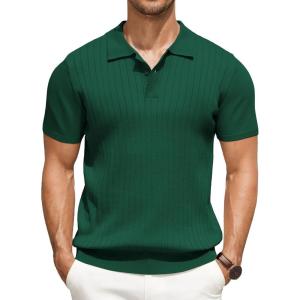 imageCOOFANDY Mens Knit Polo Shirts Short Sleeve Ribbed Knitted Shirt Summer Lightweight Casual Golf ShirtsDeep Green