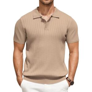 imageCOOFANDY Mens Knit Polo Shirts Short Sleeve Ribbed Knitted Shirt Summer Lightweight Casual Golf ShirtsKhaki