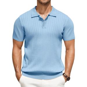 imageCOOFANDY Mens Knit Polo Shirts Short Sleeve Ribbed Knitted Shirt Summer Lightweight Casual Golf ShirtsLight Blue