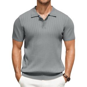 imageCOOFANDY Mens Knit Polo Shirts Short Sleeve Ribbed Knitted Shirt Summer Lightweight Casual Golf ShirtsLight Grey